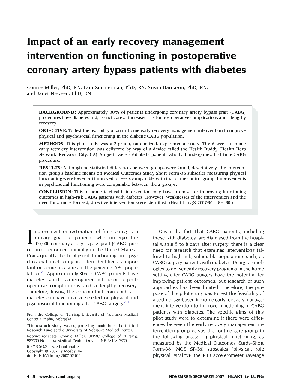 Impact of an early recovery management intervention on functioning in postoperative coronary artery bypass patients with diabetes 