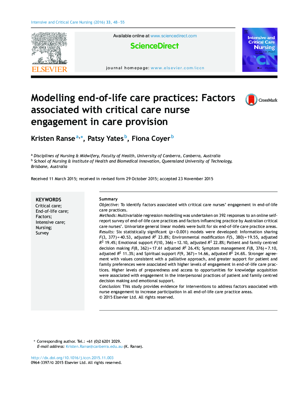 مدل سازی شیوه های مراقبت از زندگی: عوامل مرتبط با مشارکت پرستاران مراقبت های ویژه در ارائه مراقبت