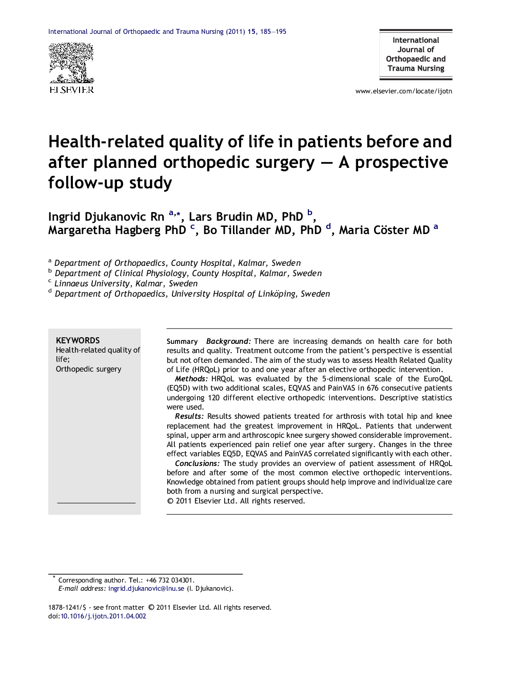 Health-related quality of life in patients before and after planned orthopedic surgery – A prospective follow-up study