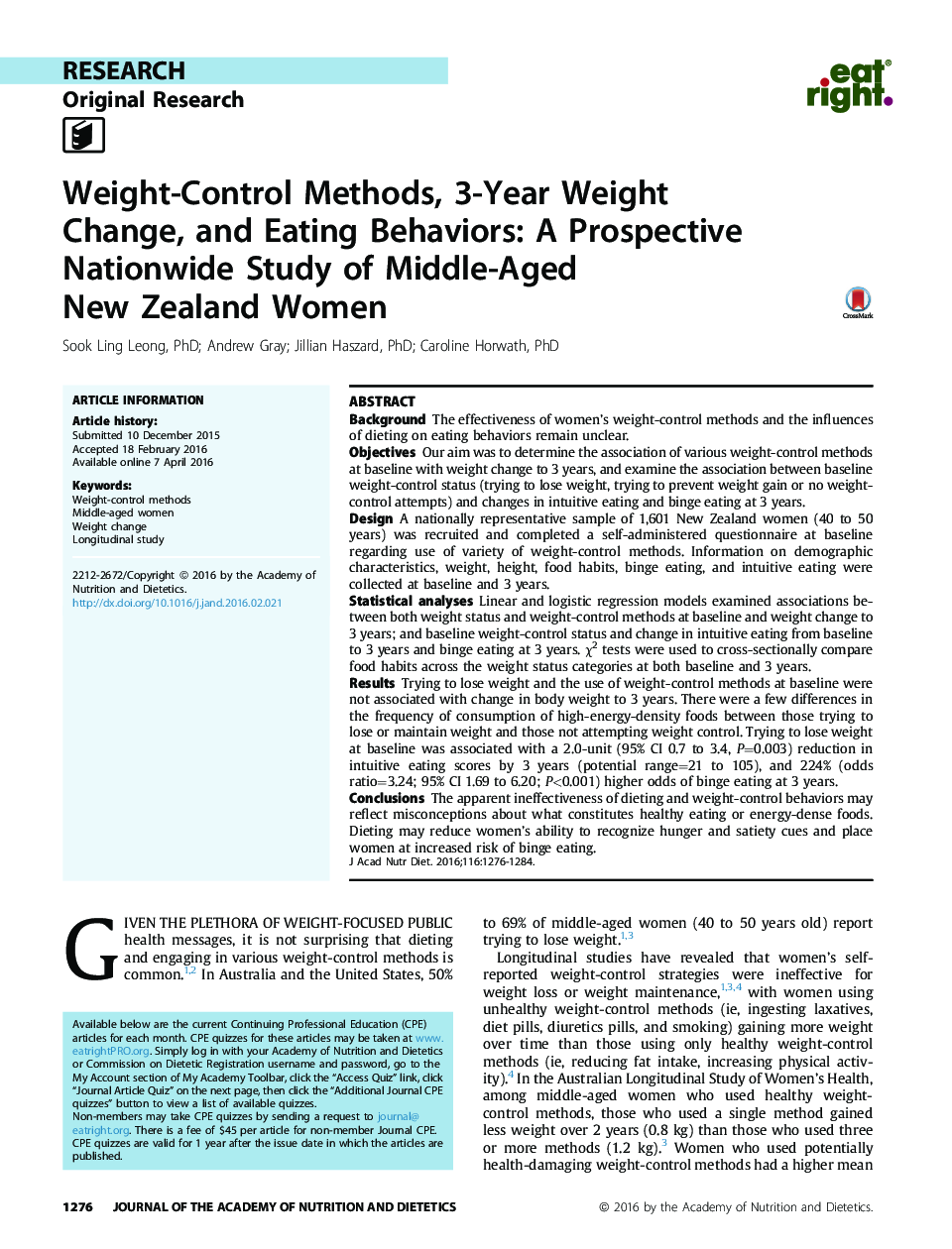 روش های کنترل وزن، تغییر وزن در 3 سال و رفتارها و عادات غذایی: مطالعه در سطح ملی آینده نگر از زنان میانسال نیوزیلند 