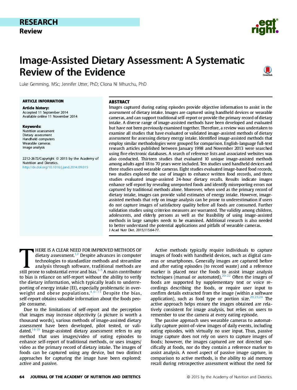 ارزیابی رژیم غذایی به کمک تصویر: یک بررسی سیستماتیک شواهد