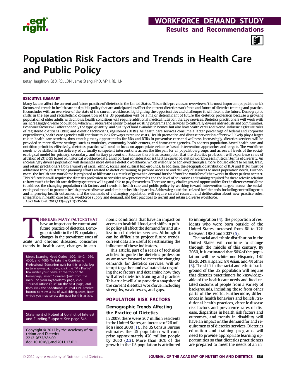 Population Risk Factors and Trends in Health Care and Public Policy 