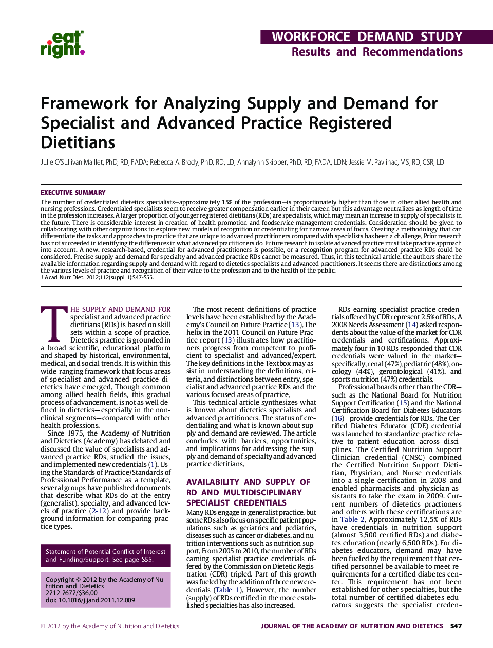 Framework for Analyzing Supply and Demand for Specialist and Advanced Practice Registered Dietitians 