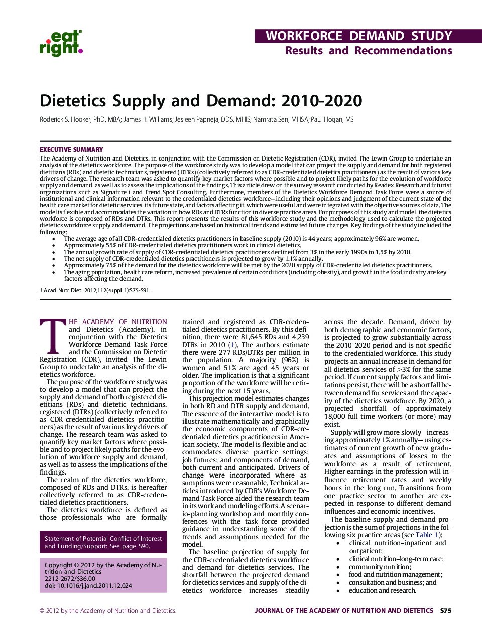 Dietetics Supply and Demand: 2010-2020 