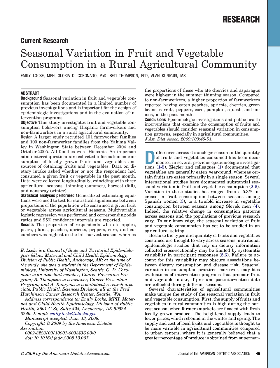 Seasonal Variation in Fruit and Vegetable Consumption in a Rural Agricultural Community