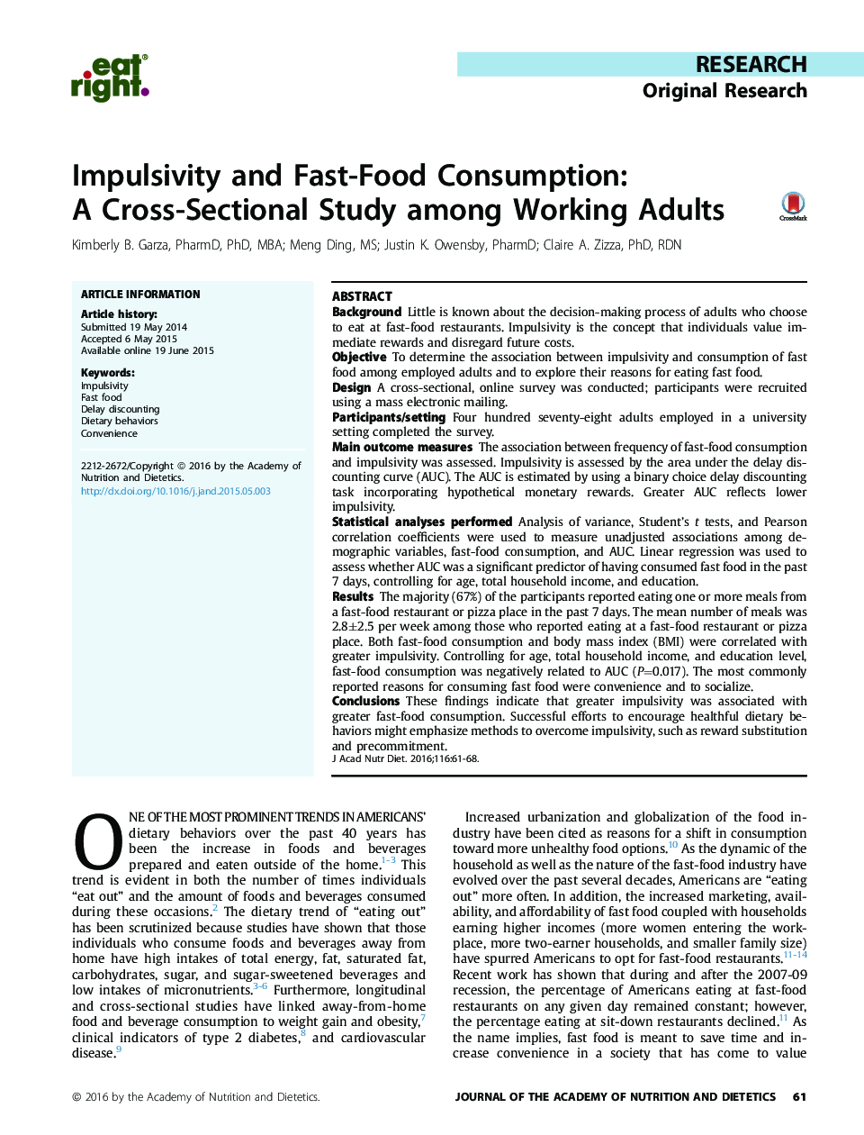 تکانشگری و مصرف فست فود: یک مطالعه مقطعی در میان بزرگسالان شاغل