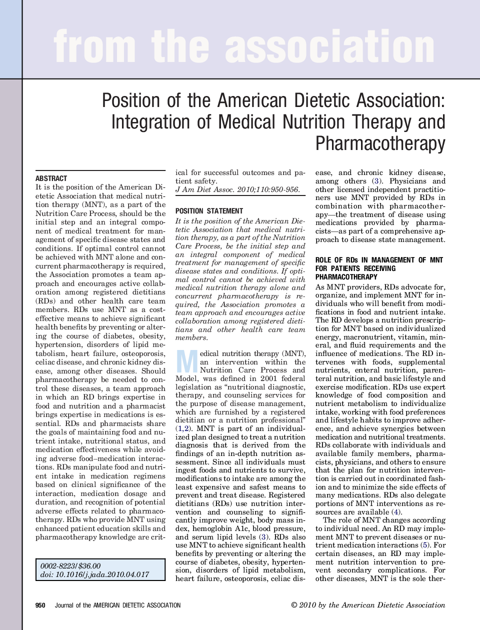 Position of the American Dietetic Association: Integration of Medical Nutrition Therapy and Pharmacotherapy