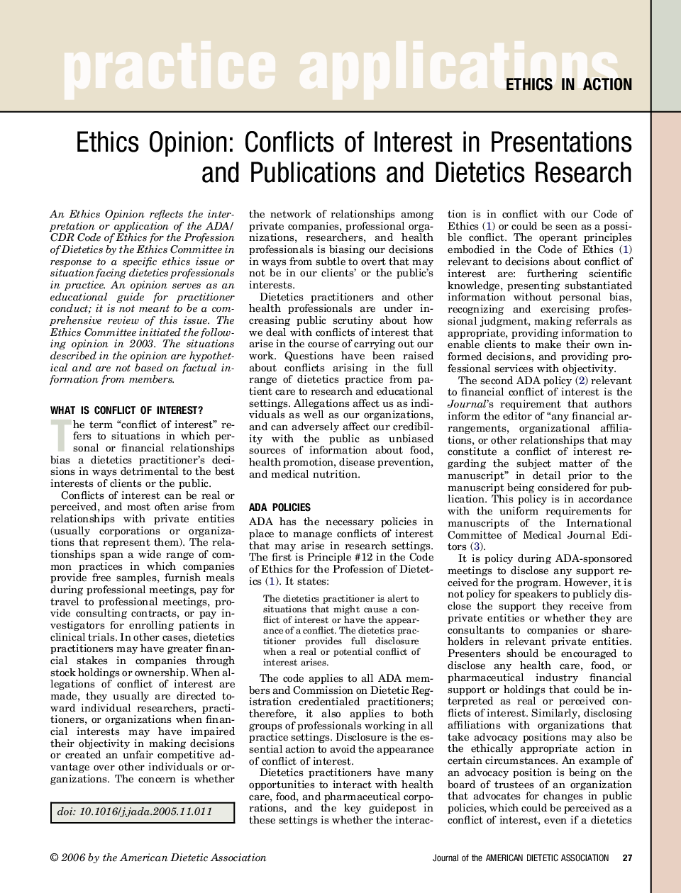 Ethics Opinion: Conflicts of Interest in Presentations and Publications and Dietetics Research