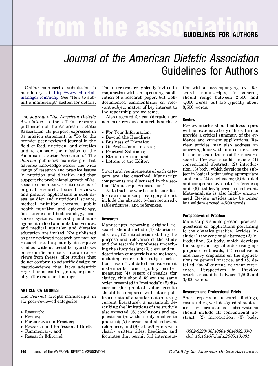 Journal of the American Dietetic Association Guidelines for Authors