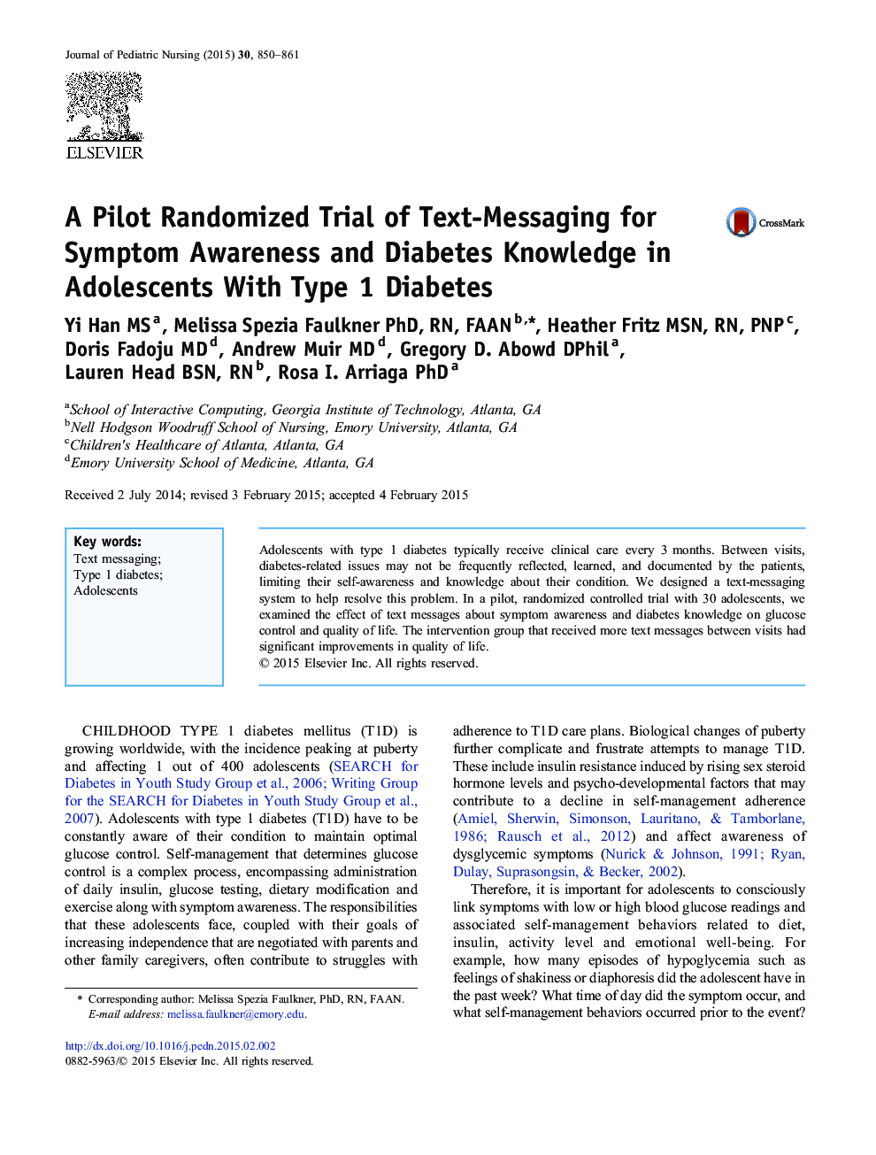 یک آزمایش تصادفی پایلوت از ارسال پیام متنی برای آگاهی از علائم و دیابت در نوجوانان مبتلا به دیابت نوع 1