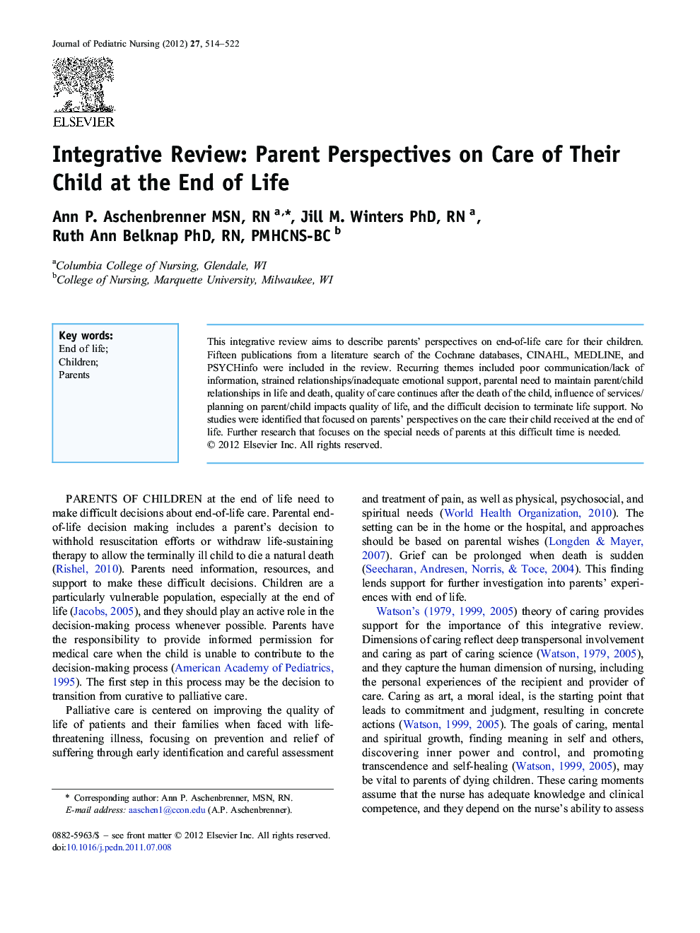 Integrative Review: Parent Perspectives on Care of Their Child at the End of Life