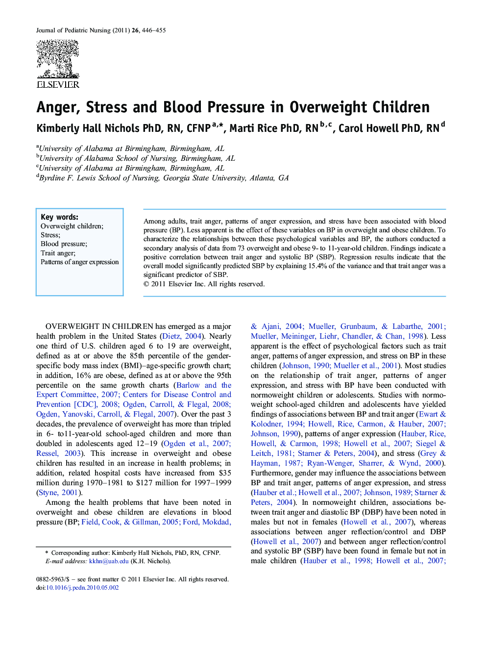 Anger, Stress and Blood Pressure in Overweight Children