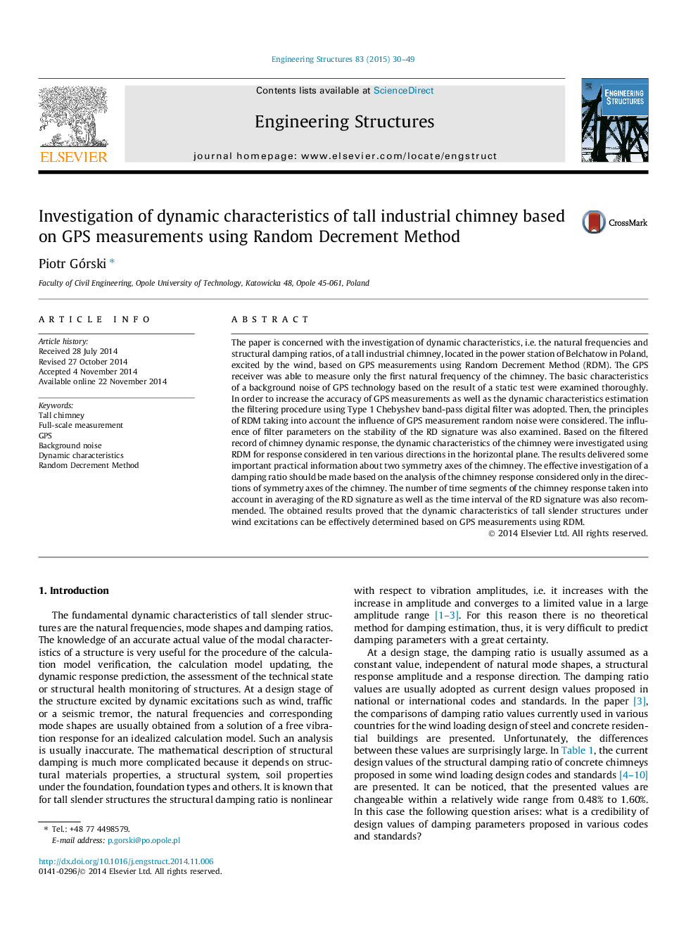 Investigation of dynamic characteristics of tall industrial chimney based on GPS measurements using Random Decrement Method