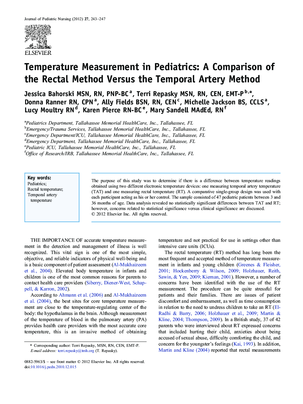 Temperature Measurement in Pediatrics: A Comparison of the Rectal Method Versus the Temporal Artery Method