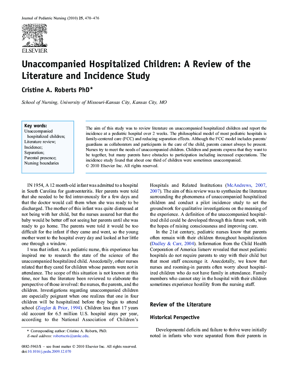 Unaccompanied Hospitalized Children: A Review of the Literature and Incidence Study