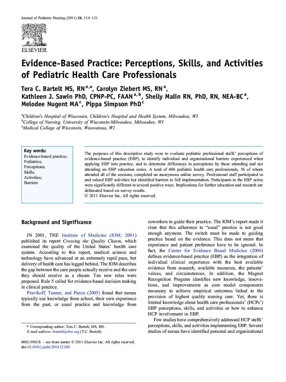 Evidence-Based Practice: Perceptions, Skills, and Activities of Pediatric Health Care Professionals