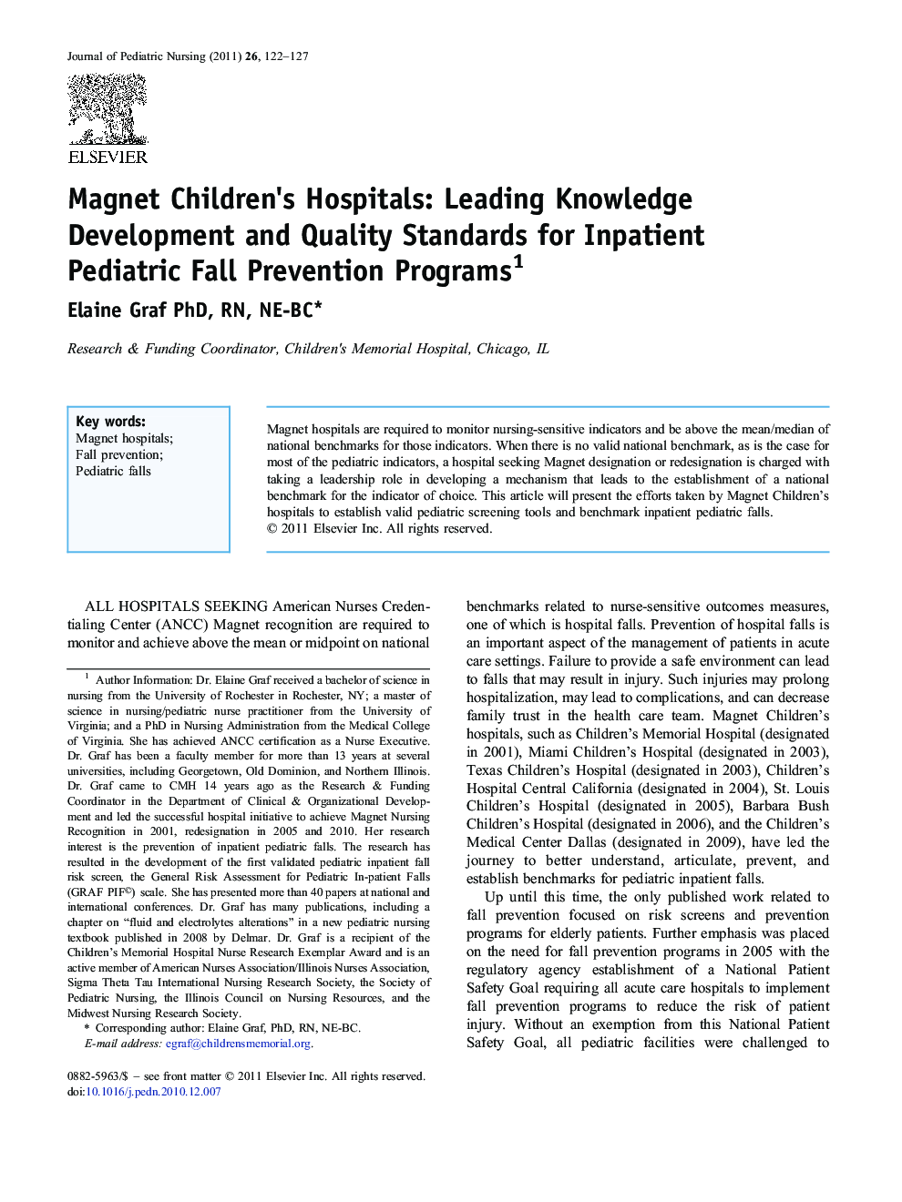Magnet Children's Hospitals: Leading Knowledge Development and Quality Standards for Inpatient Pediatric Fall Prevention Programs 1