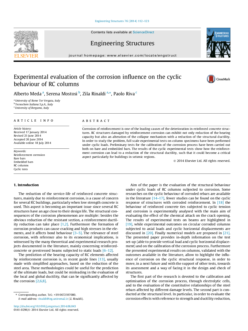 Experimental evaluation of the corrosion influence on the cyclic behaviour of RC columns