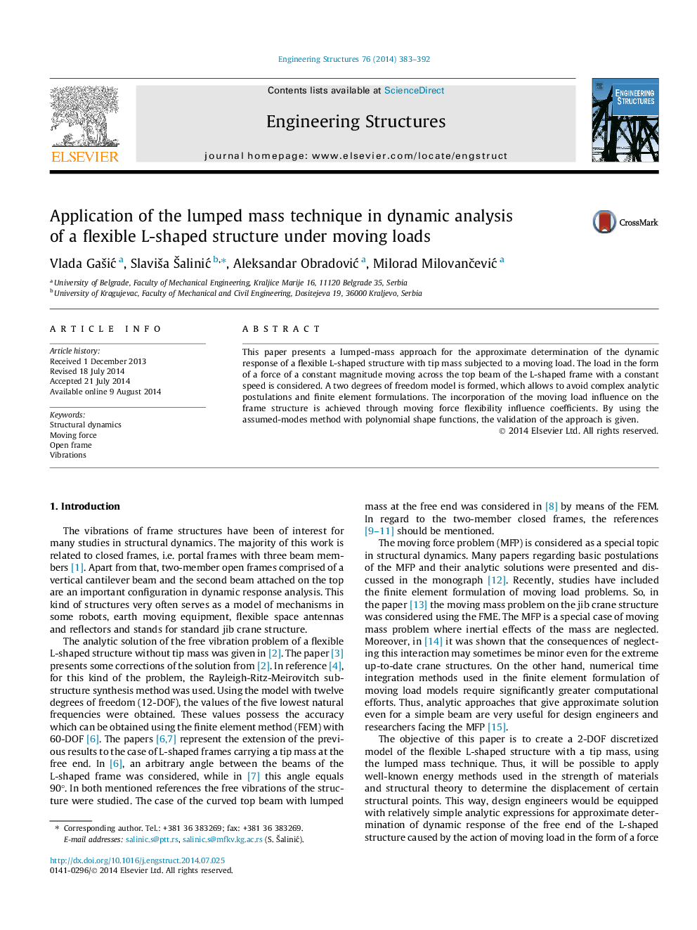 Application of the lumped mass technique in dynamic analysis of a flexible L-shaped structure under moving loads