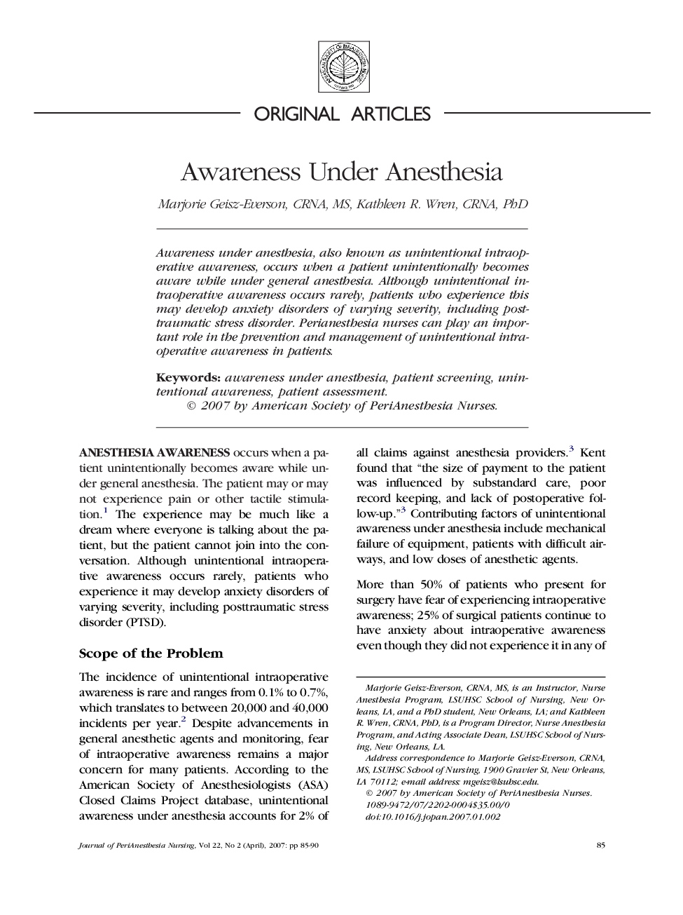 Awareness Under Anesthesia