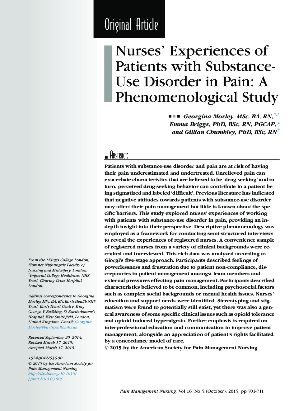 تجربیات پرستاران بیماران مبتلا به اختلال مصرف مواد در درد: مطالعه پدیده شناسی