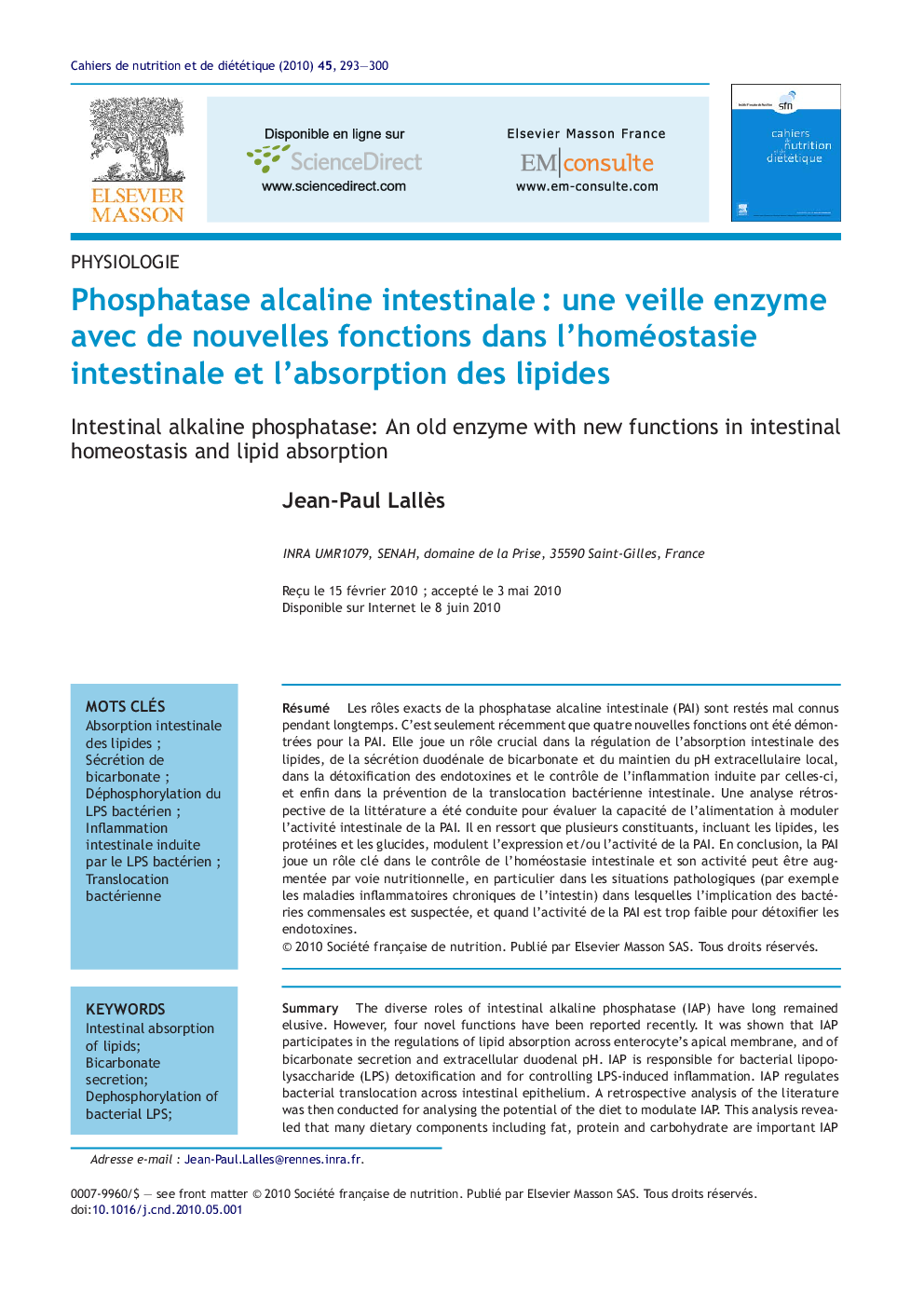 Phosphatase alcaline intestinaleÂ : une veille enzyme avec de nouvelles fonctions dans l'homéostasie intestinale et l'absorption des lipides