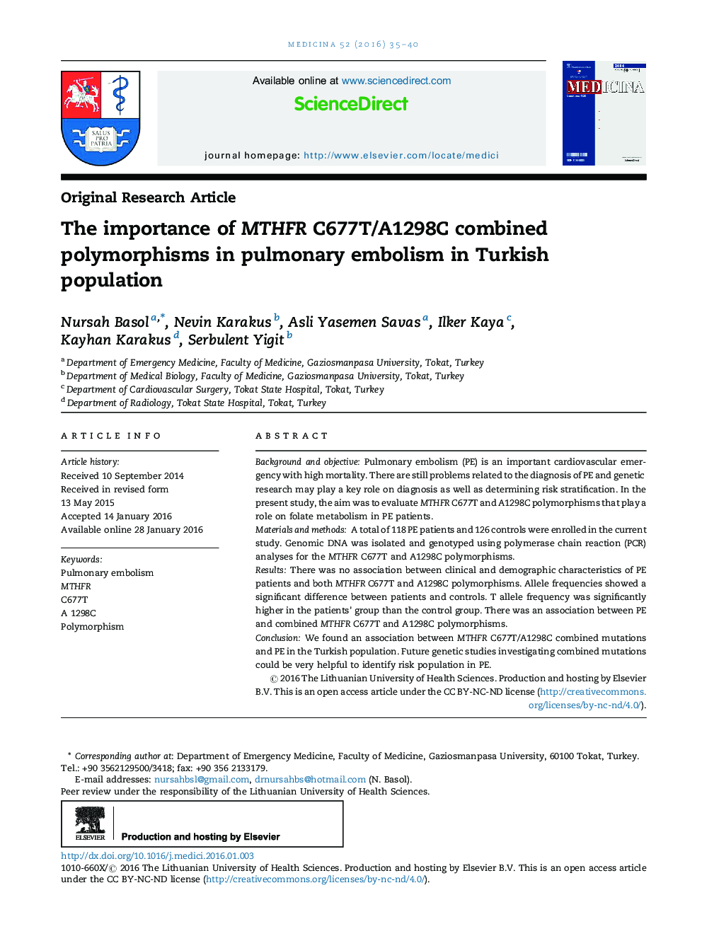اهمیت پلی مورفیسم ترکیبی MTHFR C677T/A1298C در آمبولی ریوی در جمعیت ترکیه