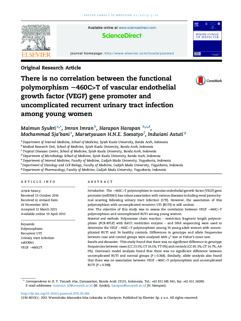 هیچ ارتباطی بین پلی مورفیسم عملکردی -460C> T پروموتور ژن VEGF (VEGF) و عفونت مجاری ادراری بدون عارضه در زنان جوان وجود ندارد