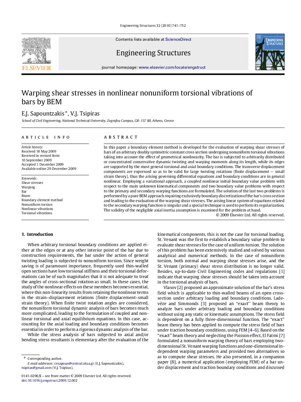 Warping shear stresses in nonlinear nonuniform torsional vibrations of bars by BEM