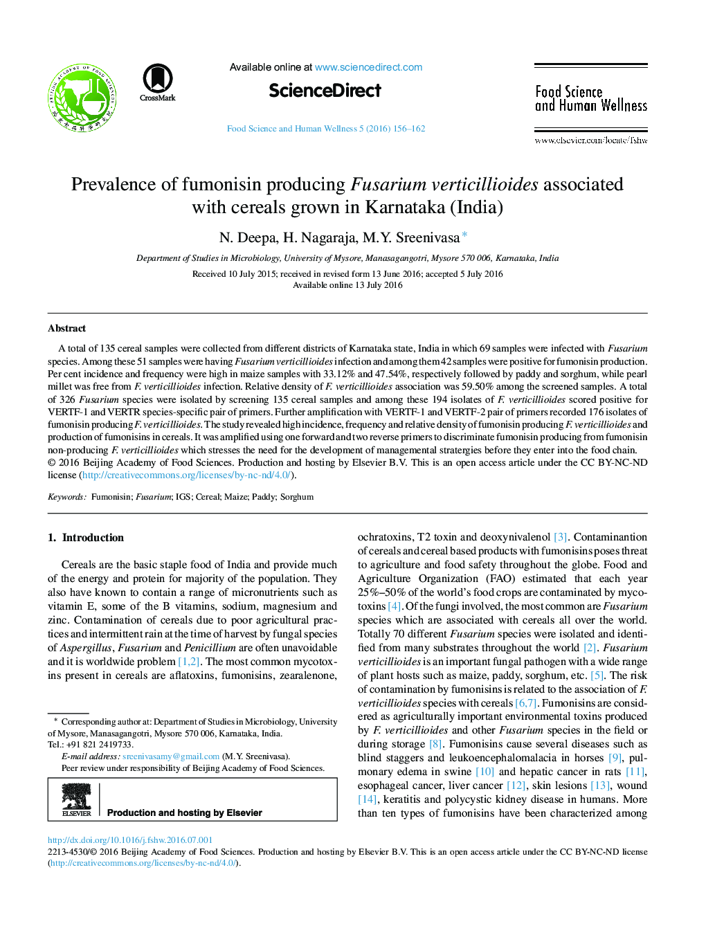 شیوع fumonisin با تولید Fusarium verticillioides مرتبط با رشد غلات در کارناتاکا (هند)