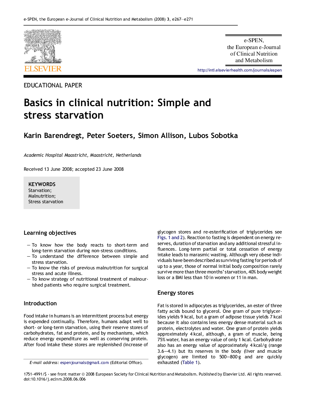 Basics in clinical nutrition: Simple and stress starvation