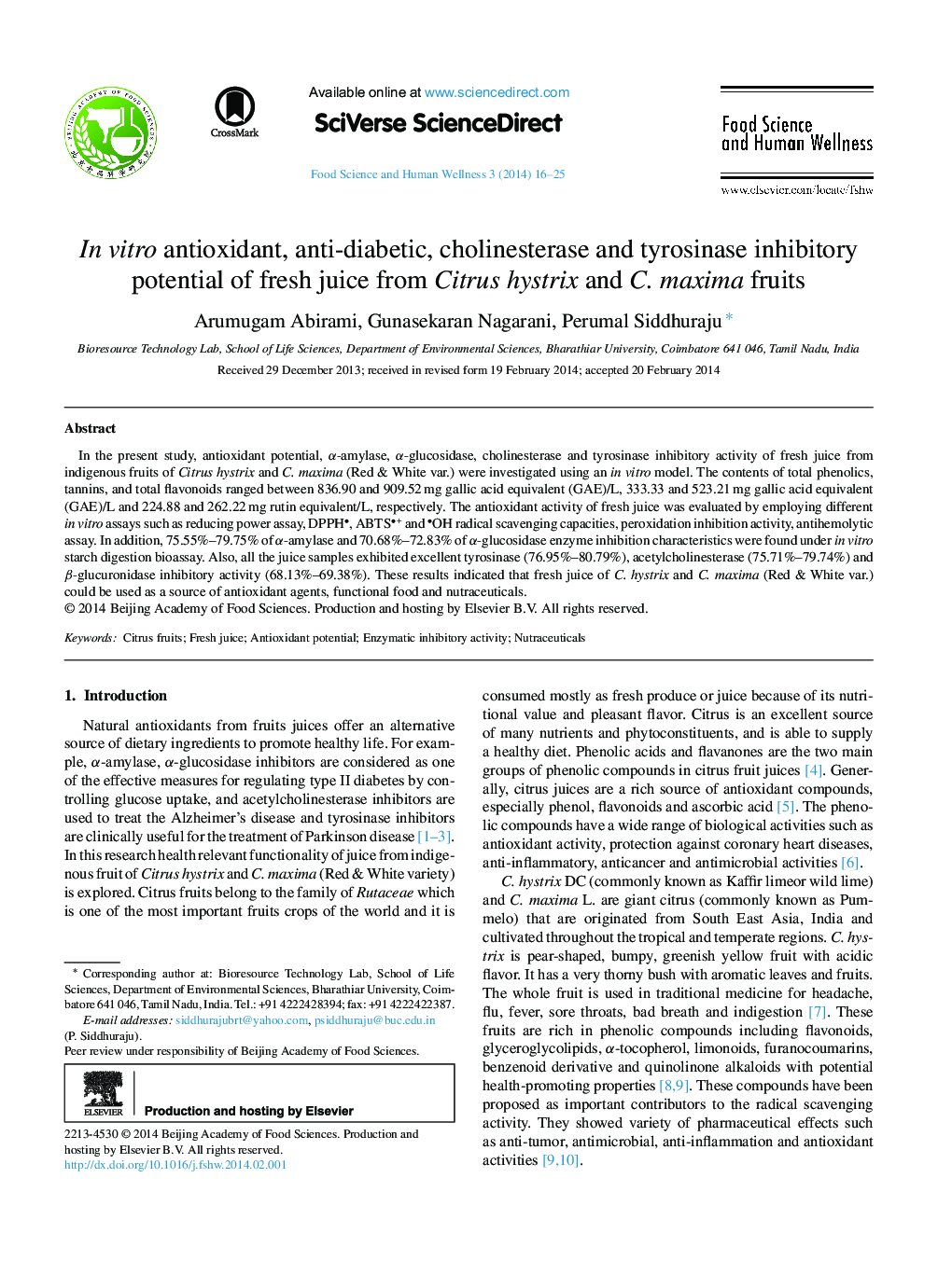 In vitro antioxidant, anti-diabetic, cholinesterase and tyrosinase inhibitory potential of fresh juice from Citrus hystrix and C. maxima fruits 