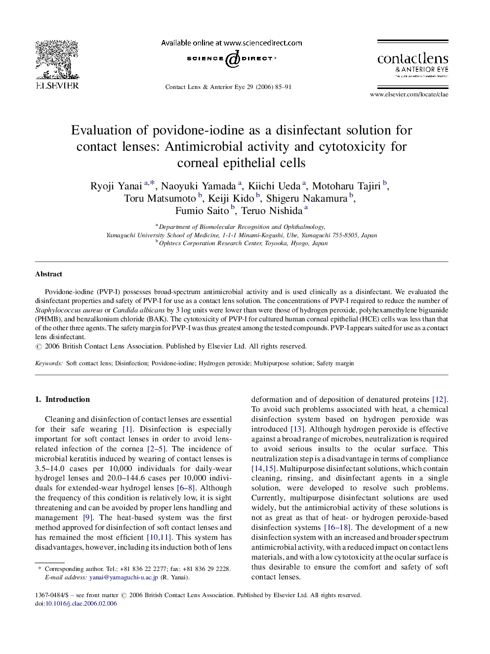 Evaluation of povidone-iodine as a disinfectant solution for contact lenses: Antimicrobial activity and cytotoxicity for corneal epithelial cells