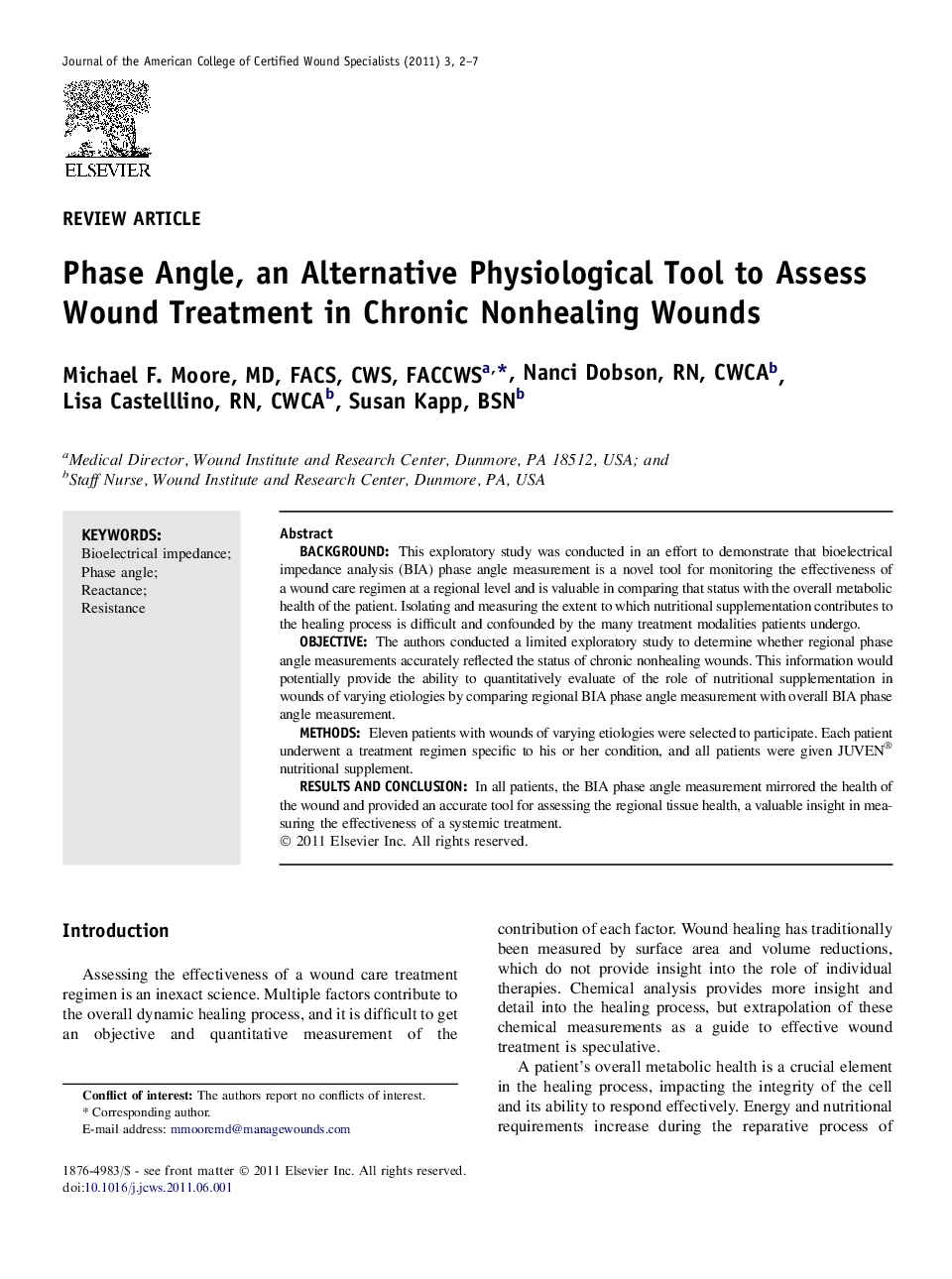 Phase Angle, an Alternative Physiological Tool to Assess Wound Treatment in Chronic Nonhealing Wounds