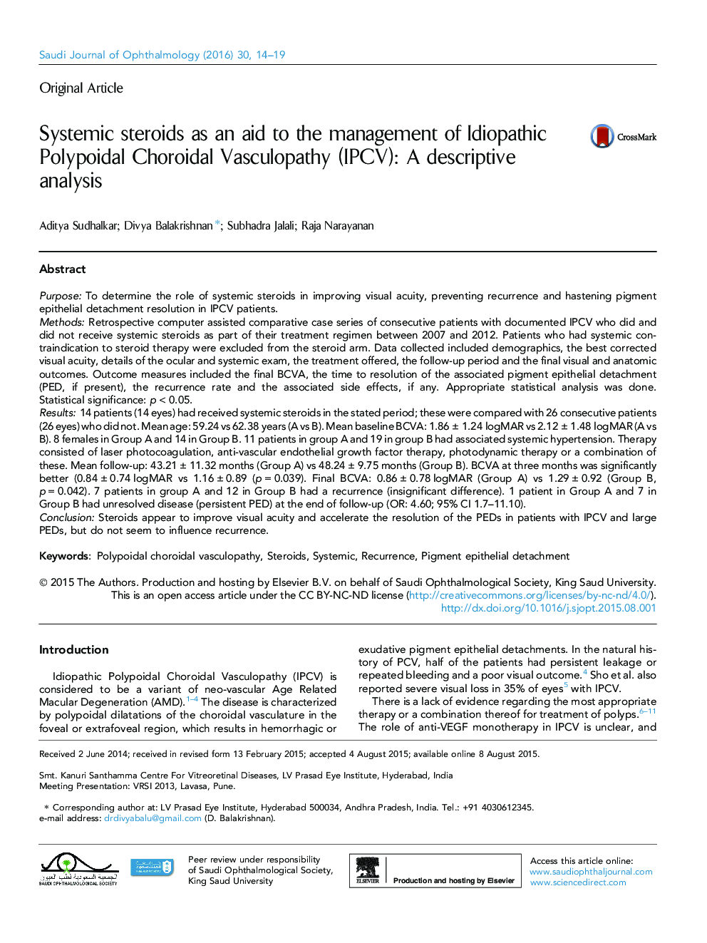 استروئیدهای سیستمیک به عنوان کمک به مدیریت اختلال عروقی Polypoidal ایدیوپاتیک کوروئیدی (IPCV): تجزیه و تحلیل توصیفی