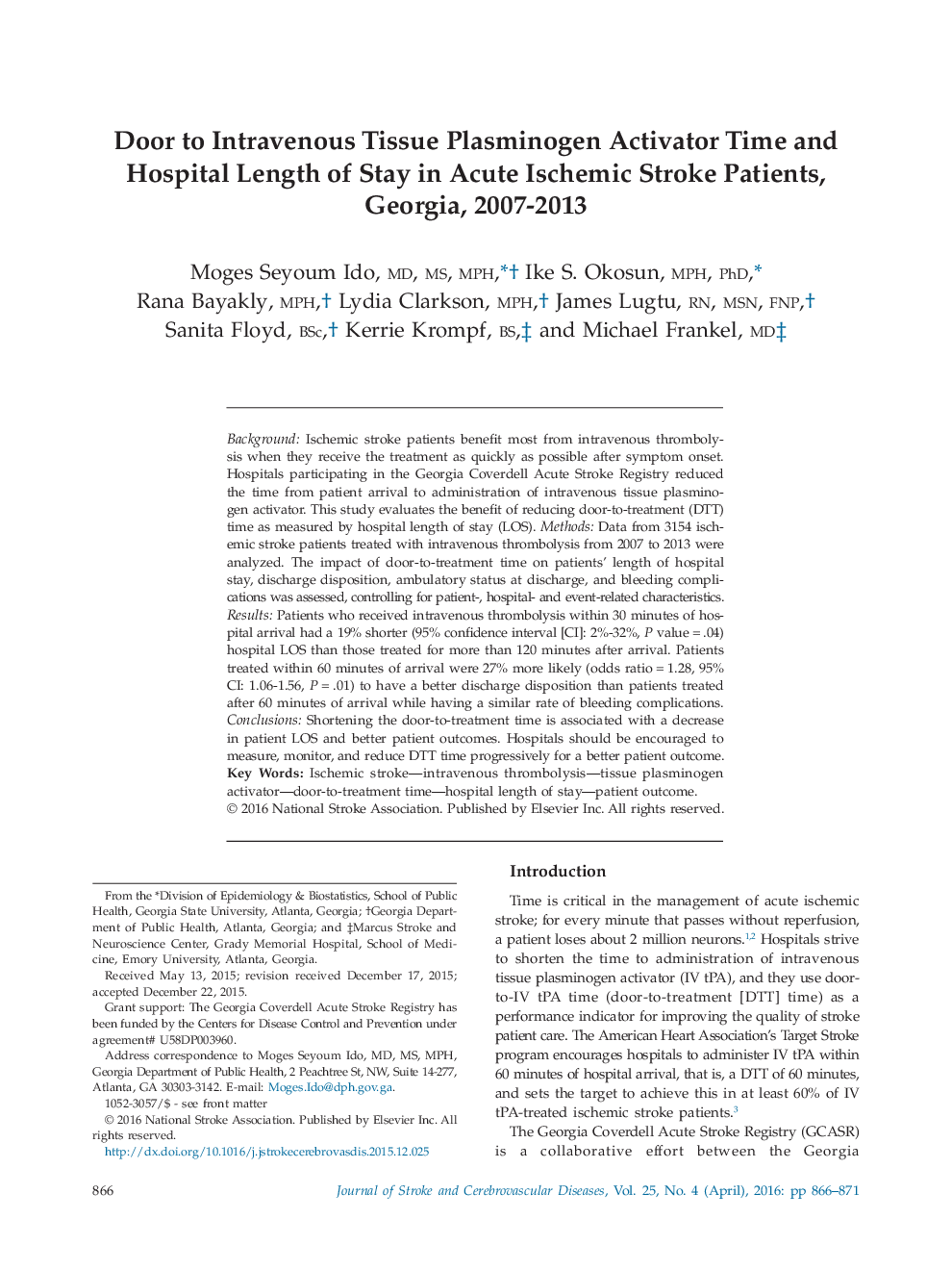 دری برای زمان فعال کننده پلاسمینوژن بافت داخل وریدی و مدت زمان بستری در بیماران سکته مغزی ایسکمیک حاد، گرجستان، 2007-2013