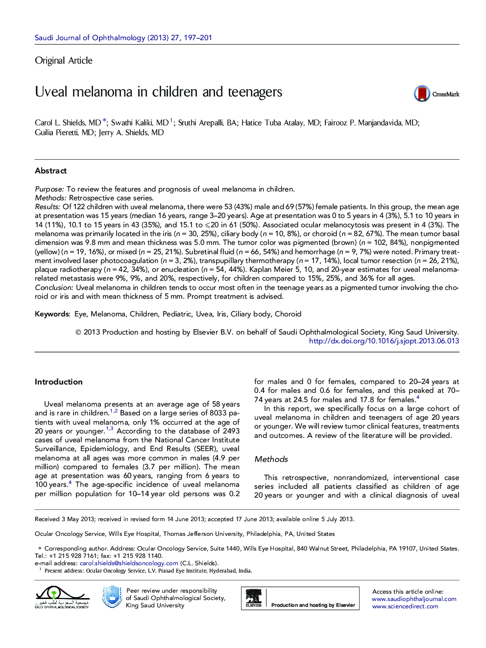 Uveal melanoma in children and teenagers 