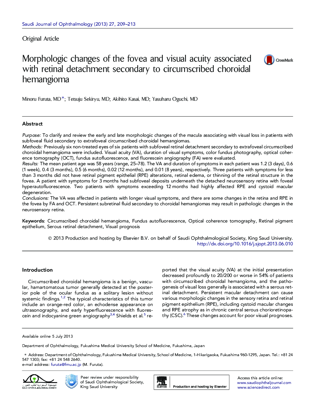 Morphologic changes of the fovea and visual acuity associated with retinal detachment secondary to circumscribed choroidal hemangioma 