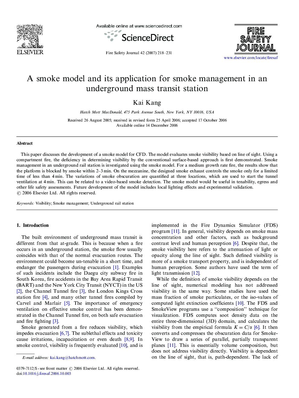 A smoke model and its application for smoke management in an underground mass transit station