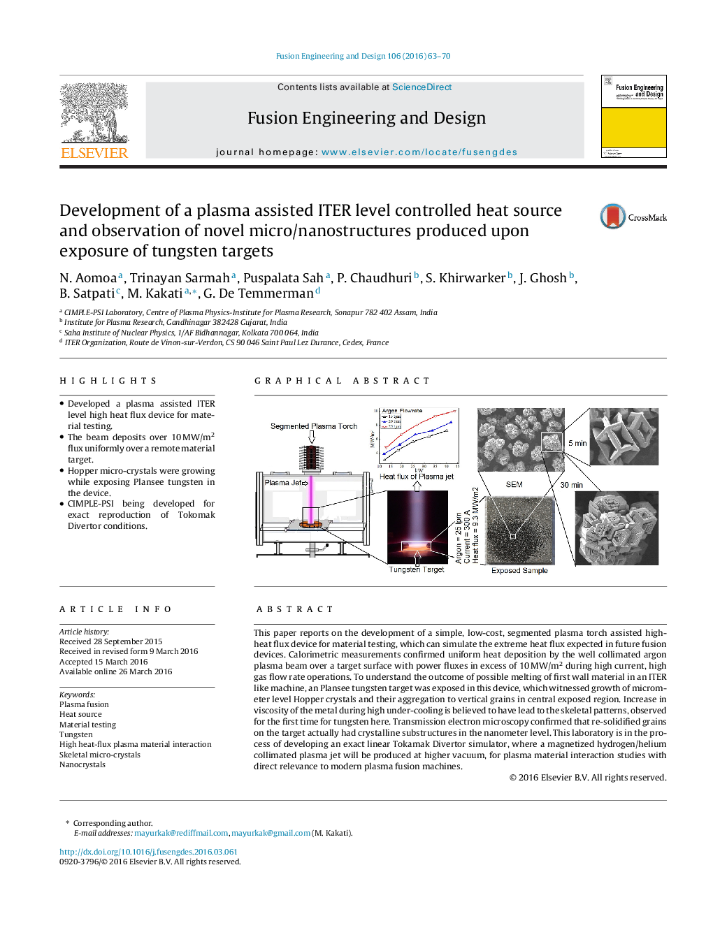 Development of a plasma assisted ITER level controlled heat source and observation of novel micro/nanostructures produced upon exposure of tungsten targets