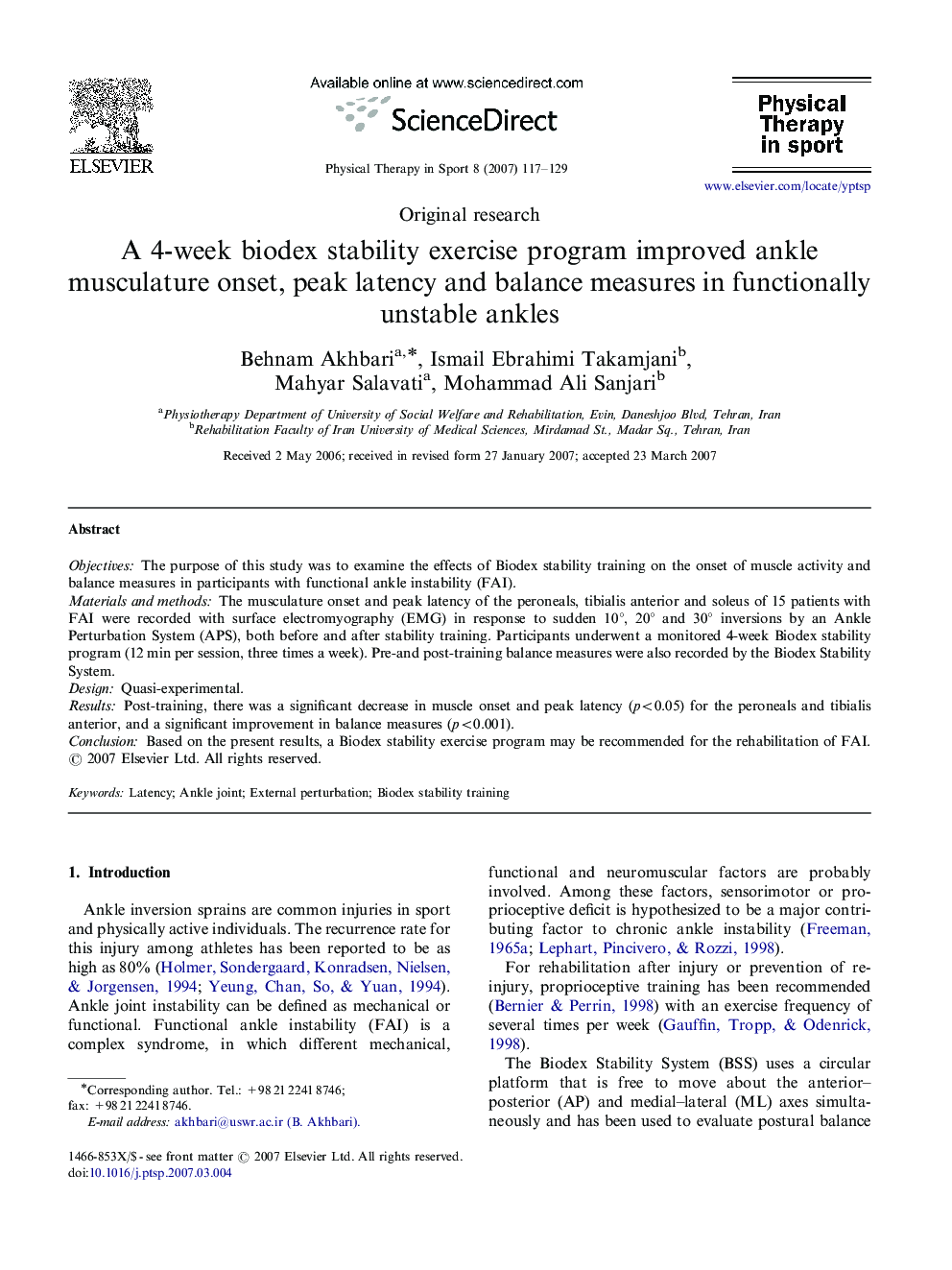 A 4-week biodex stability exercise program improved ankle musculature onset, peak latency and balance measures in functionally unstable ankles