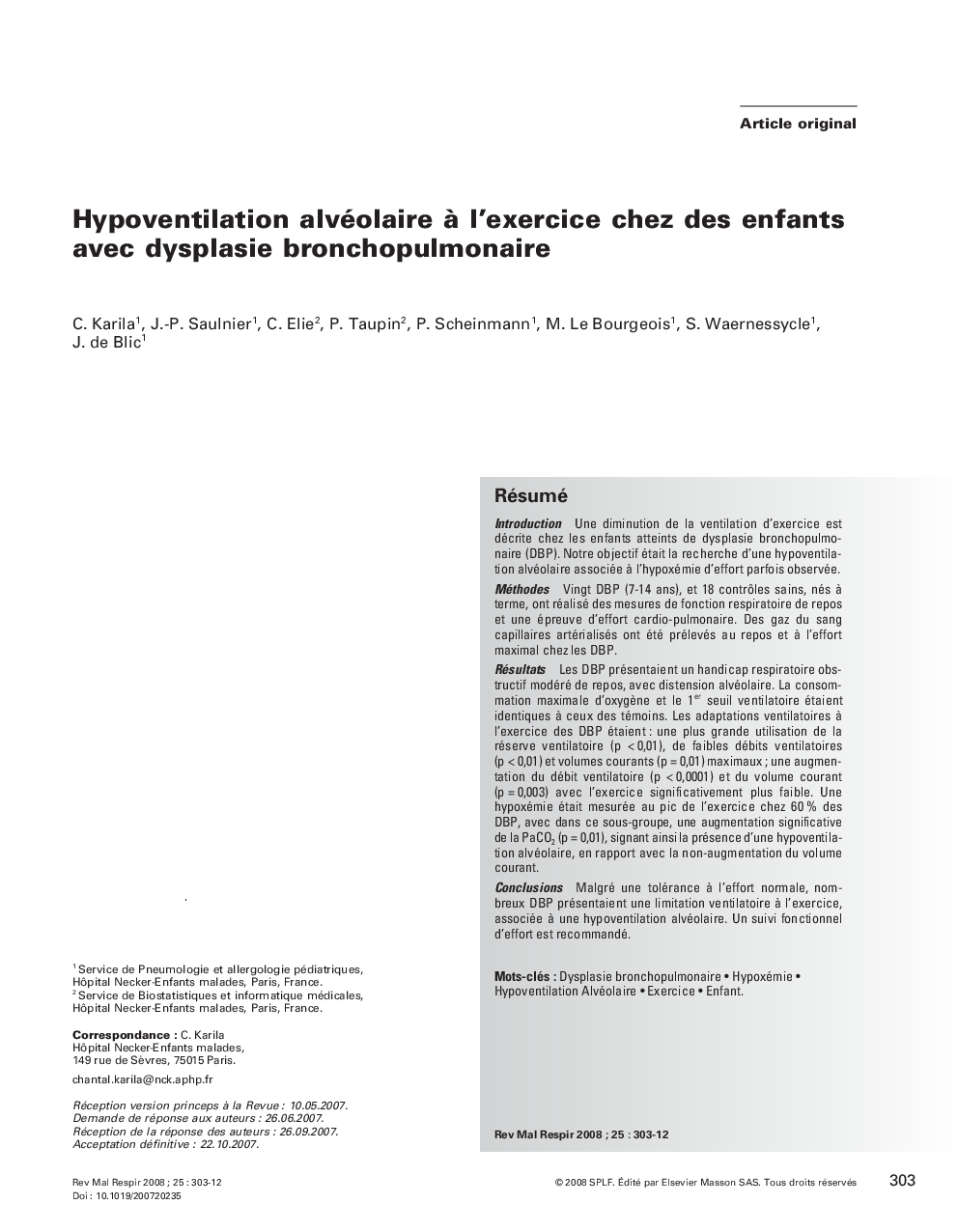 Hypoventilation alvéolaire Ã  l'exercice chez des enfants avec dysplasie bronchopulmonaire