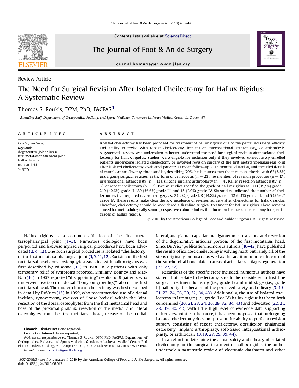 The Need for Surgical Revision After Isolated Cheilectomy for Hallux Rigidus: A Systematic Review 