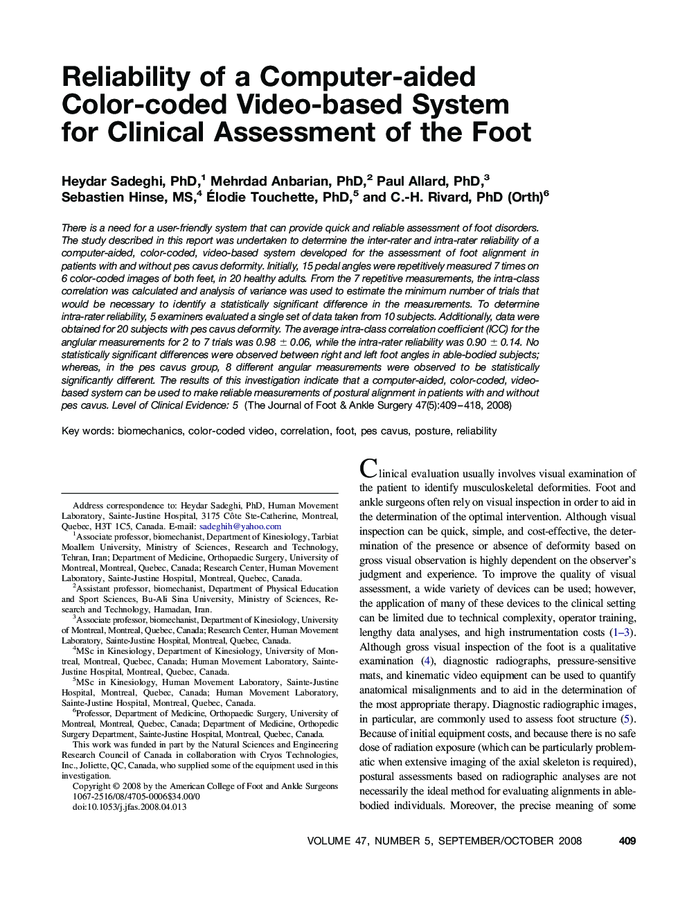 Reliability of a Computer-aided Color-coded Video-based System for Clinical Assessment of the Foot