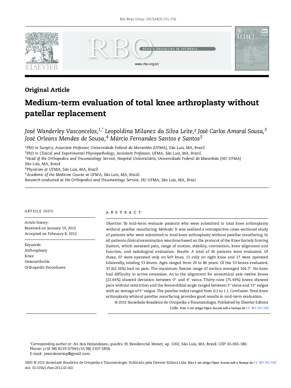 Medium-term evaluation of total knee arthroplasty without patellar replacement 