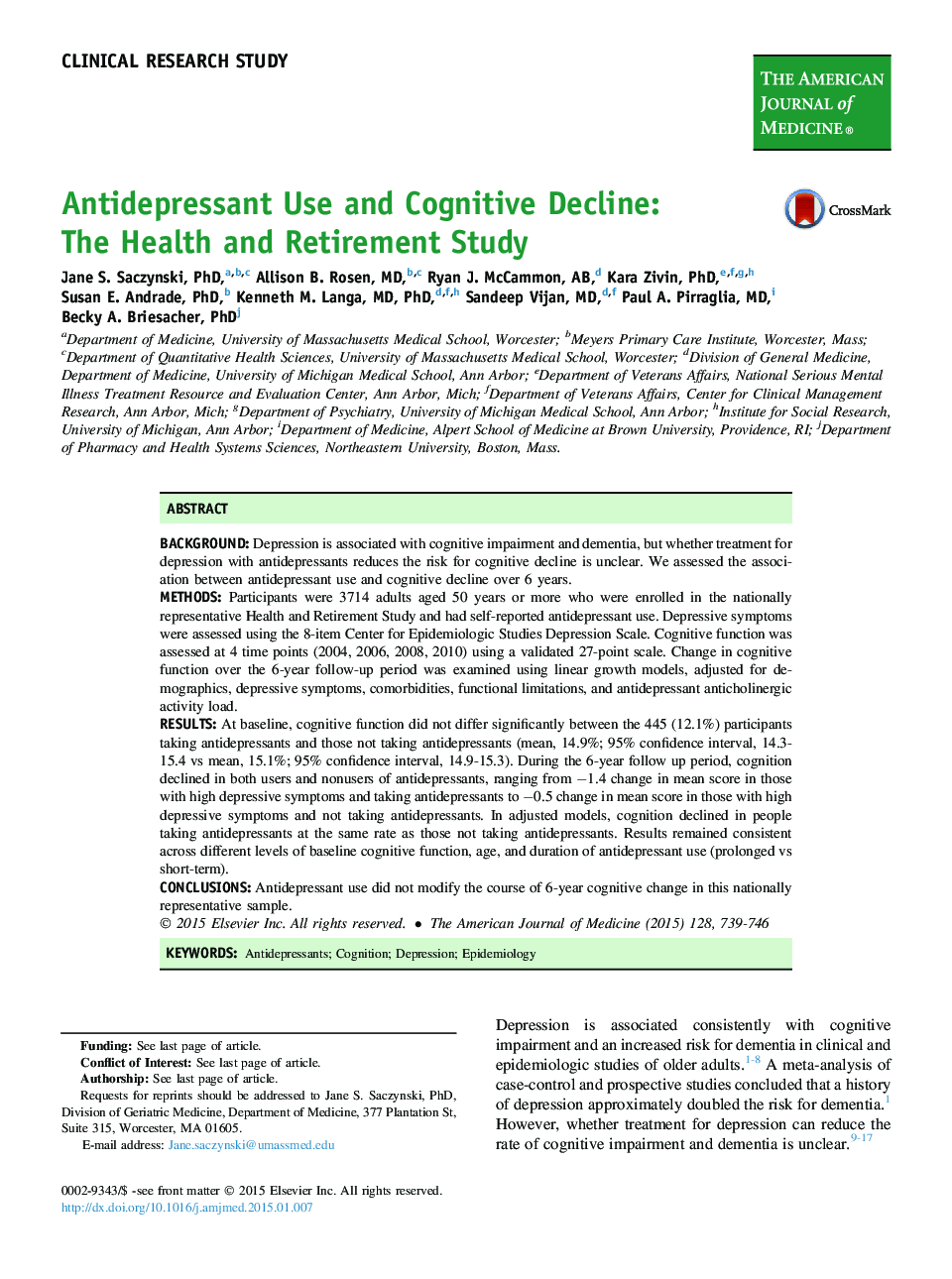 استفاده از داروهای ضد افسردگی و کاهش شناختی: مطالعه سلامت و بازنشستگی