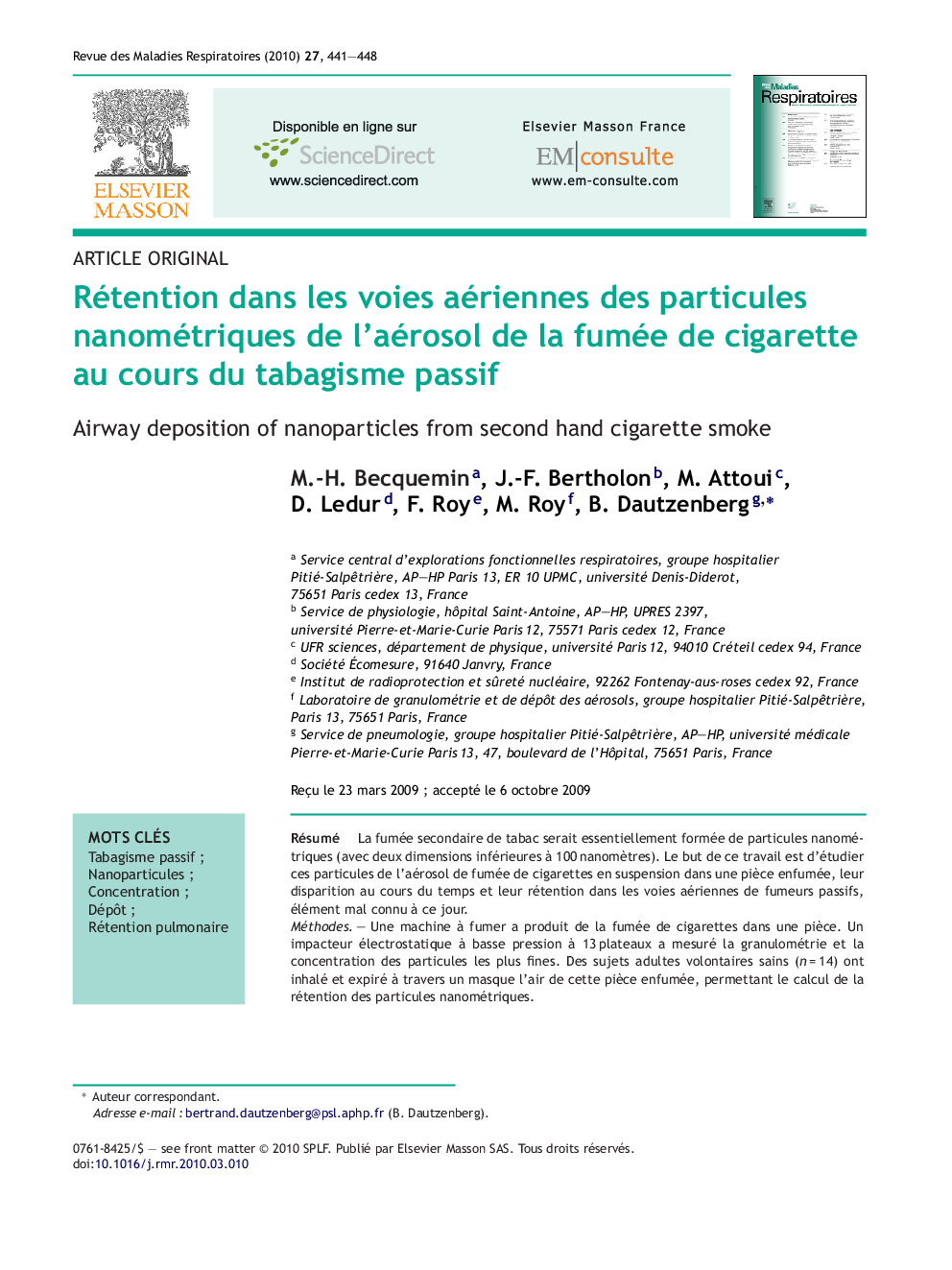 Rétention dans les voies aériennes des particules nanométriques de l'aérosol de la fumée de cigarette au cours du tabagisme passif