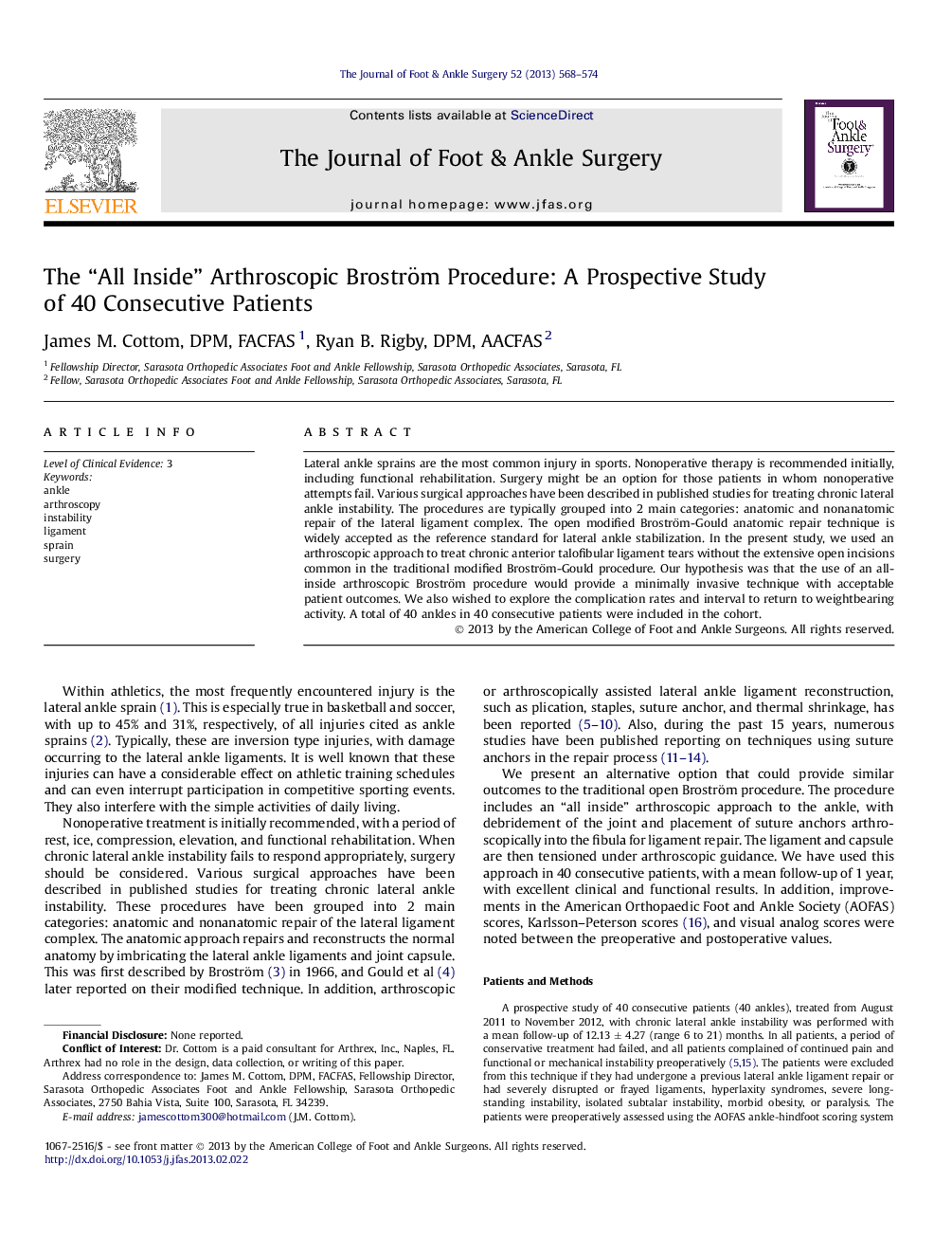 The “All Inside” Arthroscopic Broström Procedure: A Prospective Study of 40 Consecutive Patients 