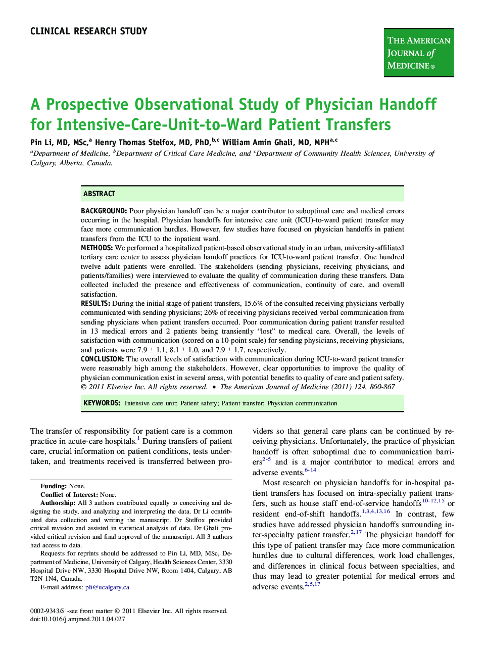 A Prospective Observational Study of Physician Handoff for Intensive-Care-Unit-to-Ward Patient Transfers 