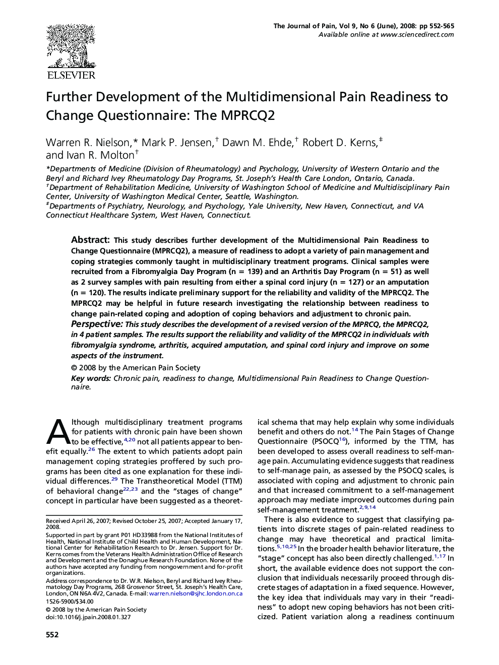 Further Development of the Multidimensional Pain Readiness to Change Questionnaire: The MPRCQ2 